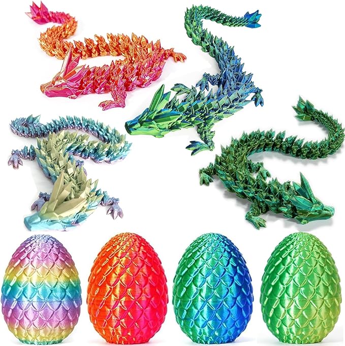 3D Printed Dragon Easter Egg,8.5in. Articulated Crystal Dragon Fidget Toy,Perfect Basket Essentials Stuffers (4sets & Gold/Bluegreen/CandyMulti/BlackRed, L8.5inch Dragon&H3.5inch Egg)