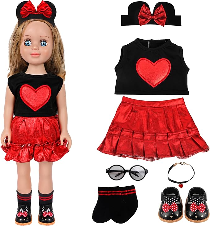 MSYO 18 Inch Doll Clothes & Accessories Set,Black Red Heart Top & Metallic Red Skirt Outfit with Mouse Ears Headband,Sunglasses,Socks,Shoes,Choker,Fits 16-18 Inch Baby Dolls(Red)