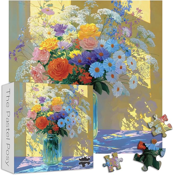 PICKFORU Wildflowers Vase 1000 Piece Puzzle for Adults, Oil Painting Flower Jigsaw Puzzle, Gradient Art Plant Puzzles