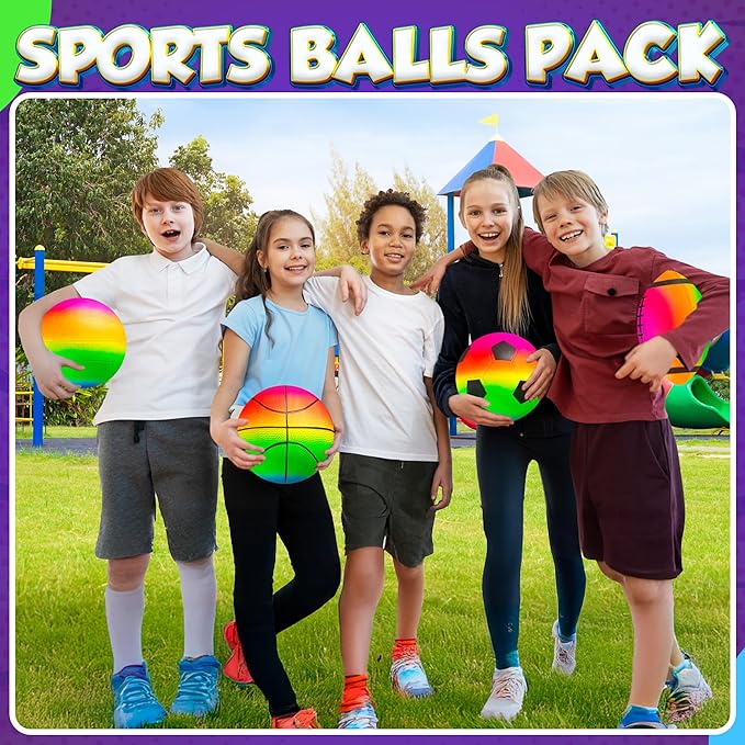 Rainbow Sports Balls for Kids & Toddlers - (Pack of 4) 8.5-Inch Neon Sport Ball Set Includes Football, Soccer, Basketball, & Playground Balls, Toy Balls for Indoor/Outdoor