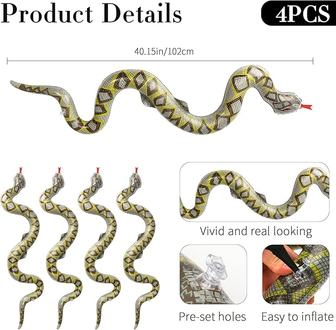 Inflatable Snakes for Pool, 4 Pcs Blow Up Fake Snakes Animals Pool Floats, Large Inflatable Fake Snake for Garden Pools Lawn Plants Party Favors Halloween Decoration, Prank Keep Ducks Out