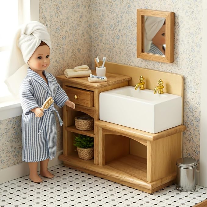 Dollhouse Sink 1/12 Scale Miniature Furniture Bathroom Mini Kitchen Sink with Cabinet Set Dolls House Wooden Accessory Doll Farmhouse Accessories