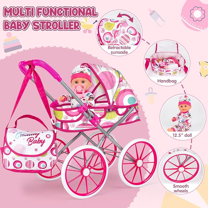 Baby Doll Stroller Toy Set with 12.5'' Doll, Diaper Changing, 2 Doll Clothes, Pacifier, Storage Bag, Baby Doll Accessories and Toy Baby Stroller for Girls Toddlers 3-5 4-6 5-7 Gifts for Pretend Play