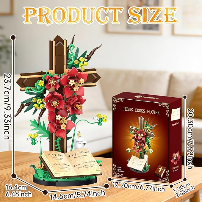 Jesus Cross Flower Building Set, Religious Cross Collectibles Jesus Catholic Building Toys, Christian Crucifix Floral Decor Display, Easter, Christian, Birthday Gift for Kids, Women & Adults (381 PCS)