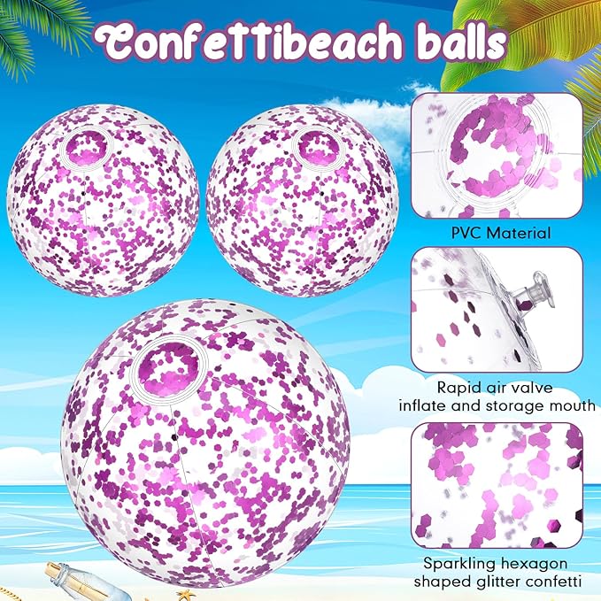 Lewtemi 12 Pcs Inflatable Glitter Beach Balls 16 Inch 24 Inch Shiny Giant Confetti Balls Swimming Pool Beach Blow up Balloon for Outdoor Summer Party Wedding Decor(Purple)