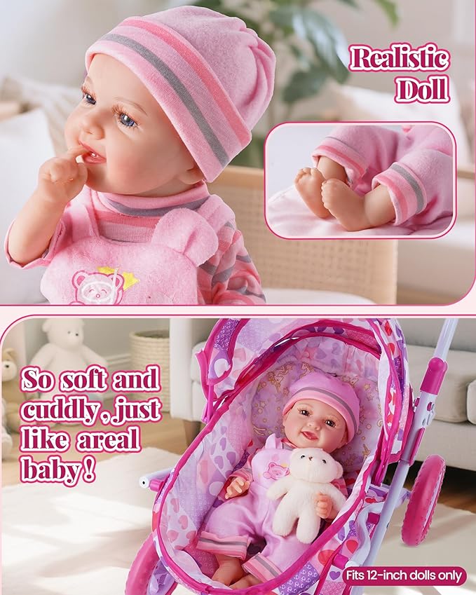BABESIDE Baby Doll Stroller Set with 12 Inch Baby Doll, 14 Pcs Baby Doll Accessories, Folding Doll Pram Pretend Play Set, Feeding, Bath & Care Toys, Gift for Girls Ages 3yrs+