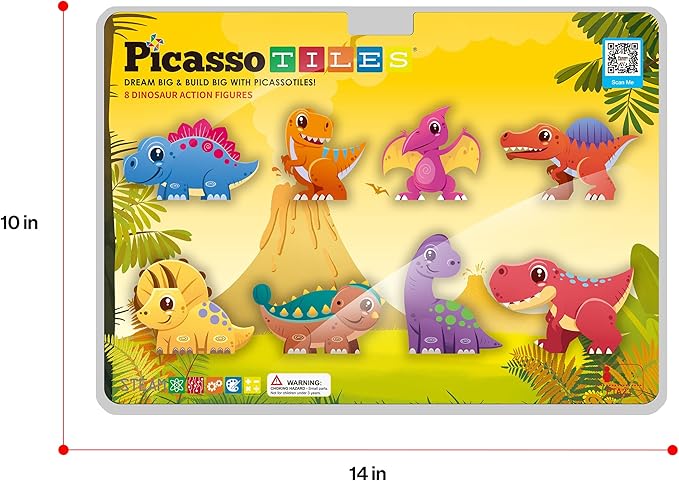 PicassoTiles Dinosaur Toys Magnet Tiles Building Blocks 8 Magnetized Action Figures Compatible Magnetic Construction Build and Play Tile Accessory Toy STEAM Educational Learning Toys Kids Ages 3+