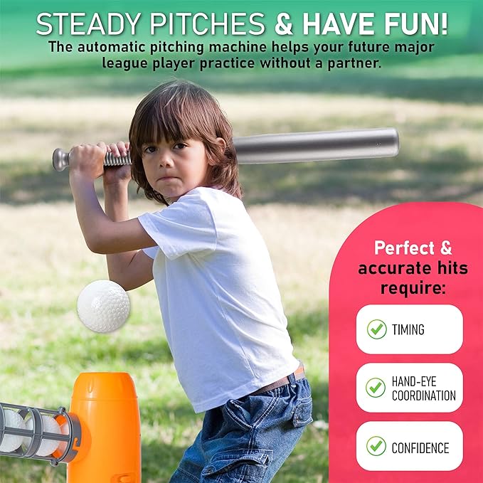 Kids Auto Baseball Pitching Machine Outdoor Toy Set - Training Equipment & Batting Practice Toys for Youth, Includes 10 Baseballs, Baseball Bat and Sports Bag