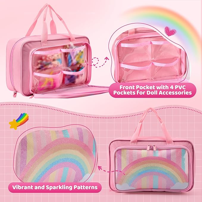Carrying Case Compatible with Barbie Dolls 12-Inch, Storage Organizer Holder with Handle for up to 6 Dolls, Multiple Pockets for Clothes & Accessories,Travel Portable Storage Bag,Pink