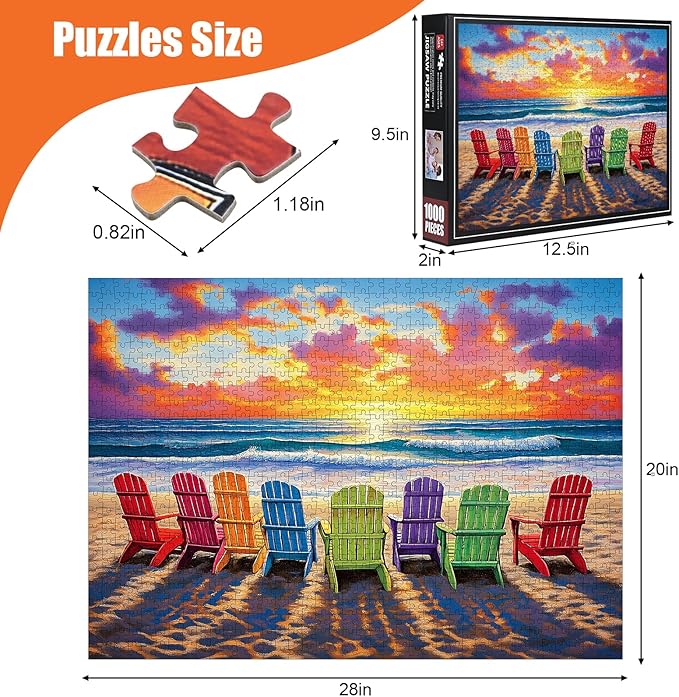 Beach Puzzles for Adults 1000 Pieces - Colorful Puzzles Beach Lounge Chair Scene, Summer Jigsaw Puzzle with Letters on Back, Challenging Hard Difficult Sunset Landscape Puzzle as Home Coast Art Decor