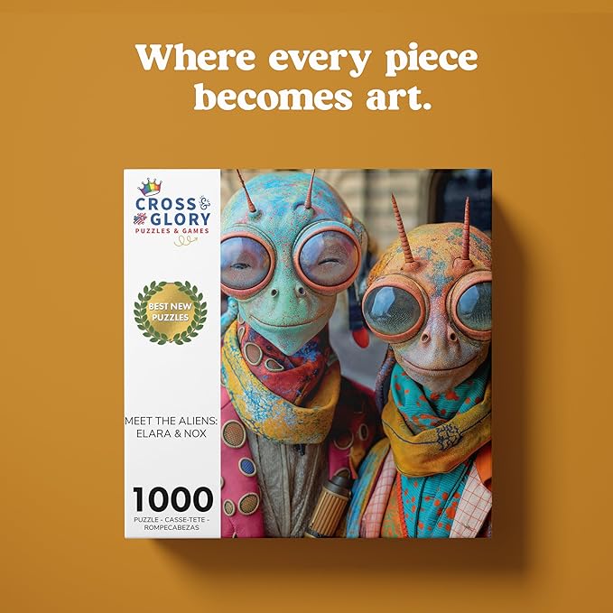 Cross & Glory - Meet the Aliens: Elara and Nox - 1000 Piece Jigsaw Puzzle for Adults | Cosmic Love Story Puzzle | Unique Alien Artwork Puzzle