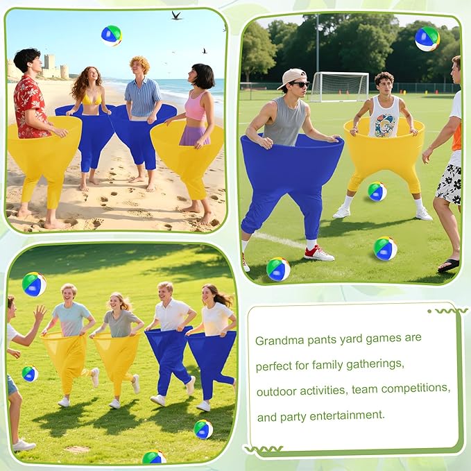 Granny Pants Outdoor Games 4 PCS Fun Party Game Pants with 16 Bouncy Balls and 1 Air Pump (Random Colors), Granny Pants Yard Game for Adults and Family Reunion Party Field Game Set