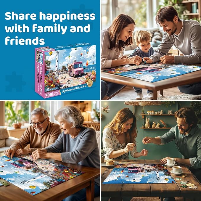 300 Piece Puzzles for Adults, Spring & Summer 300 Piece Puzzles for Adults Large Piece, Hot Air Balloon Ice Cream Truck Jigsaw Puzzle Gift for Adult Kids Family Games Toy, 20.5 X 15 in