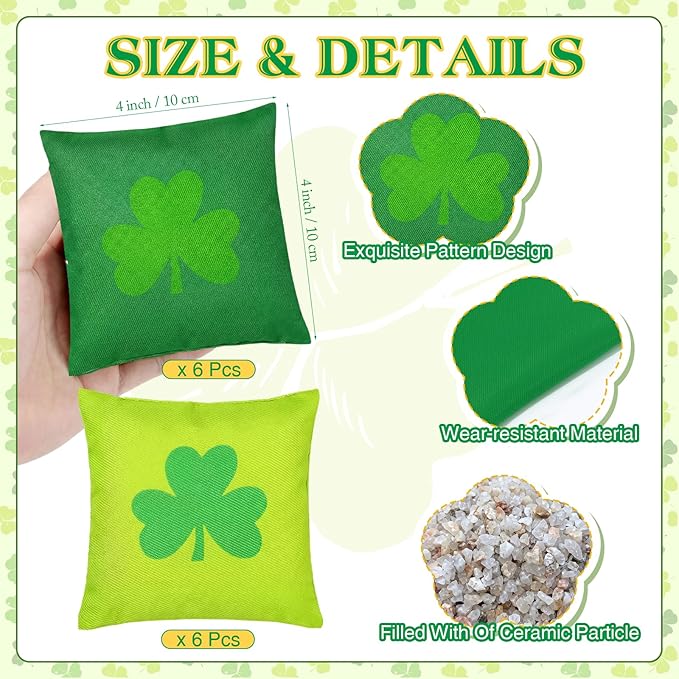 Soulchen 12 Pack St Patricks Day Bean Bags Toss Game Green Shamrock Cornhole Bag St Patricks Tossing Game Gifts Irish Party Favors for Holiday Outdoor Indoor Yard Hand Throwing Supplies