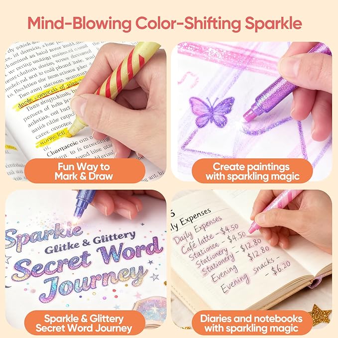 10 Pack Magic Glitter Color Changing Markers, Jumbo Dual Tip Markers with Color-Coded Barrels , Double Ended Chisel Tip Marker Set, Non-Toxic Kids Art Supplies for Drawing & Coloring, Stationery Sets