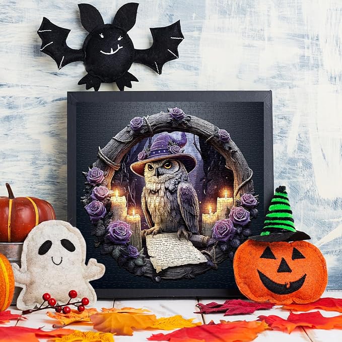 Halloween Magic Owl Flower Puzzles for Adults 1000 Pieces, Funny Bird Floral Art Jigsaw Puzzles, Impossible Challenging Witch Hat Rose Puzzle