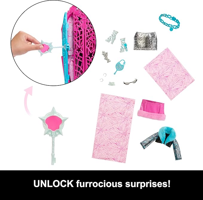 Monster High Skulltimate Secrets Doll and Accessories Set, Hauntlywood Mysteries Catty Noir with Reveal Closet & 19+ Glam Surprises Like Doll Clothes
