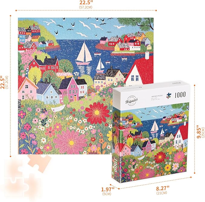 Jigsaw Puzzles for Adults 1000 Pieces, Peaceful Art Colorful Square Challenging Game for Family Activity Home Decor, 22.5x22.5 Inches, Seaside Town