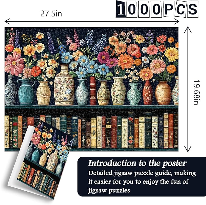 Wildflower Puzzles for Adults 1000 Pieces, PICKFORU Vintage Flower Book Puzzle, Wildflower Pages Jigsaw Puzzle for Book Lover, Floral Art Bookshelf Library Puzzles
