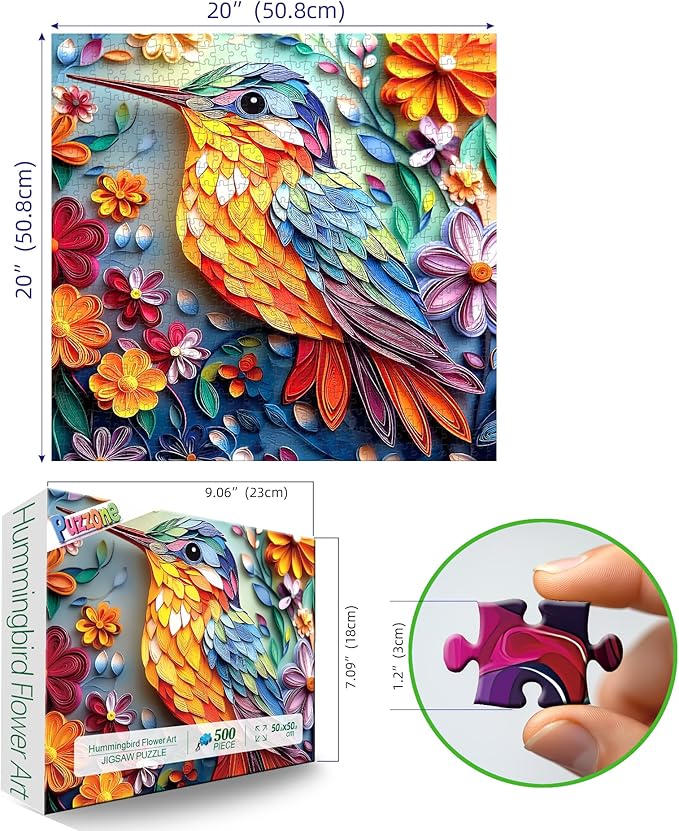 500 Piece Hummingbird Jigsaw Puzzles for Adults, Paper Flower Art Bird Puzzles Challenging for Family Fun Party Game Gifts Decoration (20 x 20 Inch)