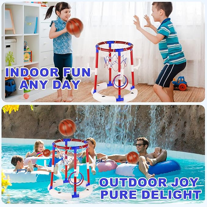 2-in-1 Floating Pool Basketball Hoop with 4 Balls, 6 Rings & Pump, Stable Water Basketball Hoop & Ring Toss Pool Games for Ages 4-8, 8-12, Summer Party Fun & Outdoor Indoor Family Pool Toys