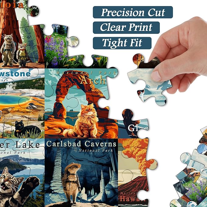 Cat Puzzles for Adults 1000 Pieces and up, National Parks Puzzle Series Kitty Travels Yellowstone Glacier, PICKFORU Funny Cat Jigsaw Puzzles as Home Decor