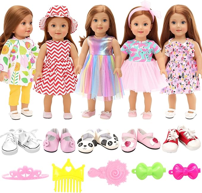 BARWA 18 inch Doll Clothes and Accessories 5 Sets Clothes Dress Outfits with 2 Pairs Shoes for 18 Inch Dolls