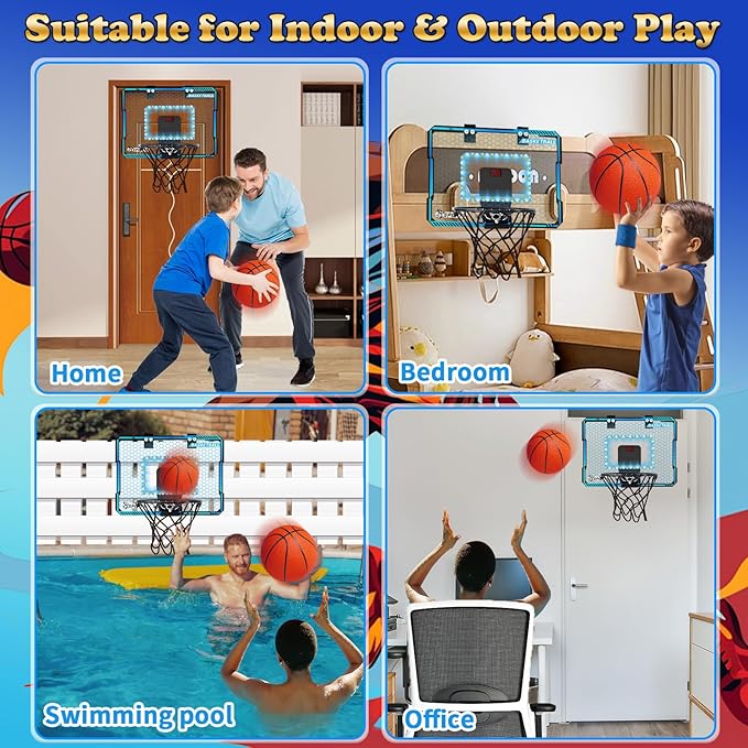 Basketball Hoop Indoor with LED Lights, Basketball Toys Gifts for 5 6 7 8 9 10+ Year Old Boys Kids, Indoor Over The Door Mini Basketball Hoops with Electronic Scoreboard & 3 Balls