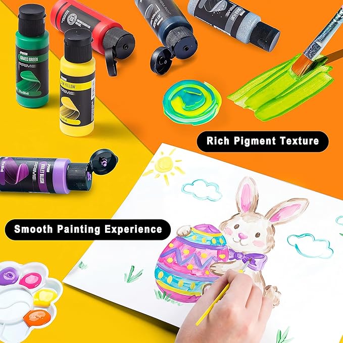JOYIN Washable Tempera Paint Set for Kids 12PCS, Non Toxic Liquid Paint with 6 Brushes and 2 Palettes - Art Supply for Kids for Arts and Crafts Project, Finger Painting (2 oz Each), Easter Basket Stuffers