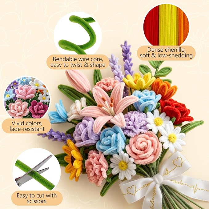 EARLY MINDS 800Pcs Pipe Cleaner Flower Bouquet Kit, 12 Colors Chenille Stems Craft Making Set with Floral Tape, Flower Stems, Gift Wrap & More, DIY Bouquet Handmade Gifts for Mother