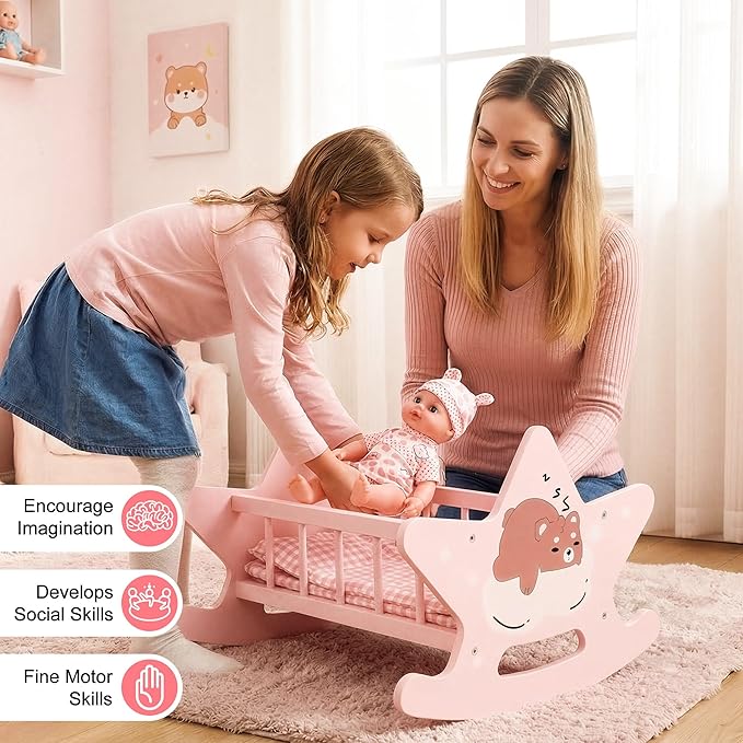 Offelec Wooden Baby Doll Crib Set, Pink Baby Doll Bed Toys, Rocking Baby Doll Cradle Accessories, Play Cradle for Dolls, Doll Furniture Accessories,Gift for Boys Girls Kids, Ages 3+