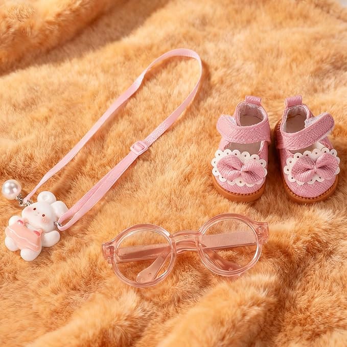 Doll Outfits Set, Includes Glasses & Pink Princess Shoes & Bunny Lanyard Stylish Doll Clothing Accessories and Gifts