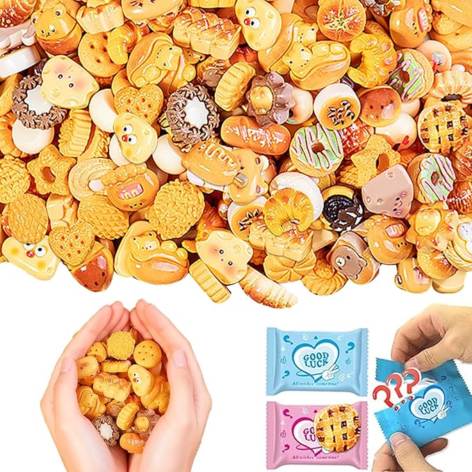 50PCS Mini Food Resin Mystery Blind Bags: Bread, Cookies, Pastries, Donuts Charms for DIY Phone Cases, Slime Charms, Scrapbooking & Craft Projects Party Favors, Classroom Rewards