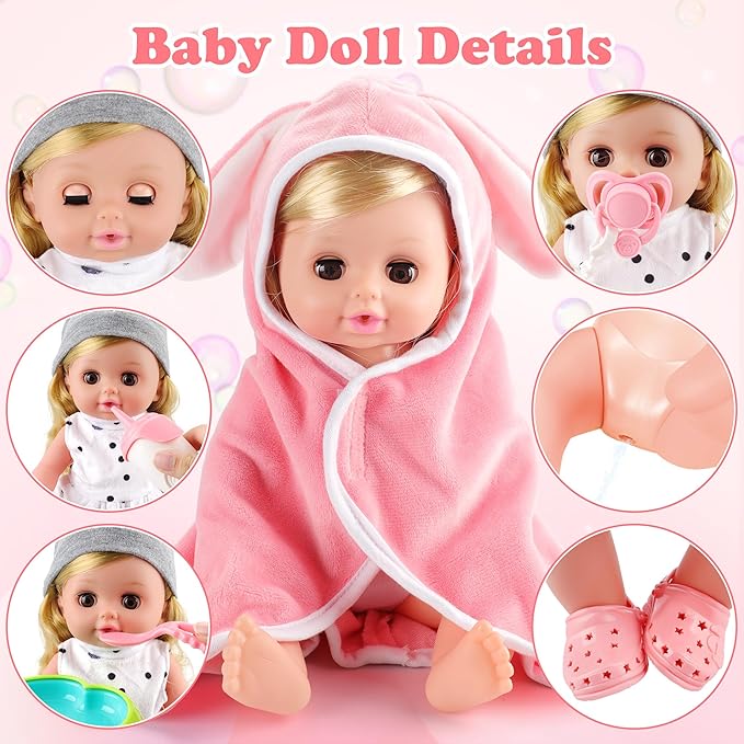 SUKIPIN Baby Doll Bath Set, Baby Dolls for 5 Year Old Girls for Easter Basket Stuffers, Doll Bathtub Toys for 3 4 5 Years Old Girl Birthday Gifts (Bathtub Set)