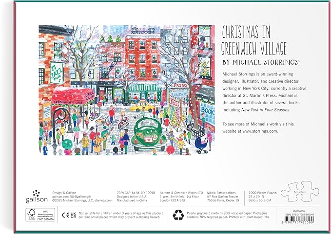 Galison Christmas in Greenwich Village – 1000 Piece Michael Storrings Jigsaw Puzzle Featuring Beautiful Artwork of The NYC Neighborhood in The Winter Time