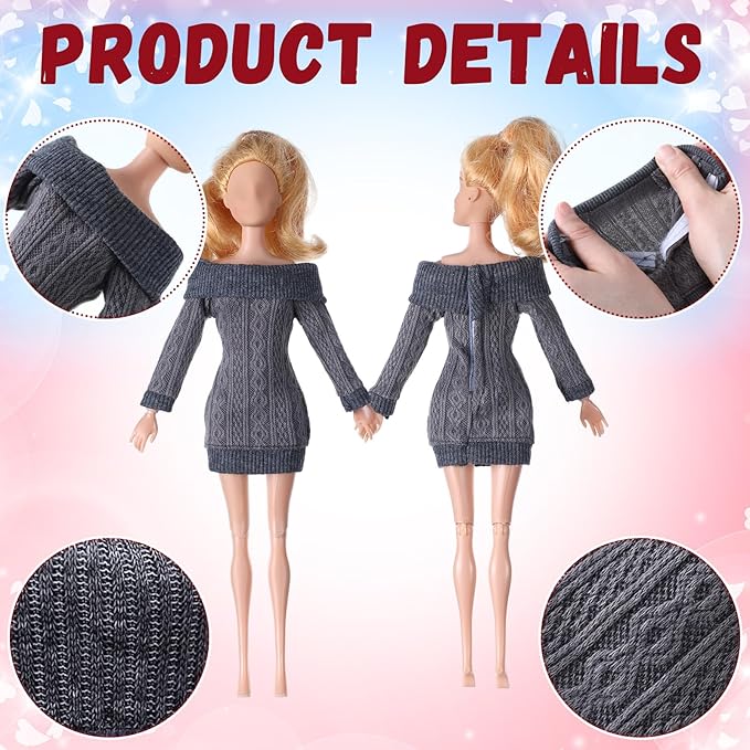 Fourluoo 6 Pcs Winter Doll Clothes 11.8 Inch Fashion Doll Sweater Outfits Sweet Accessories for Xmas Party Birthday Gifts(Green, Black, Red, Blue, Dark Gray, Light Pink)