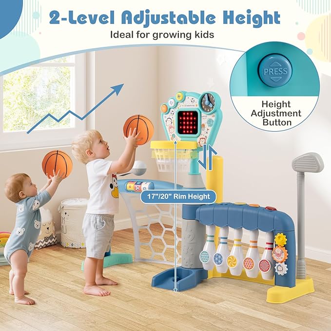 Costzon Toddler Basketball Hoop with Adjustable Height, 5 in 1 Basketball Bowling Baseball Soccer Golf Kids Activity Center, Toddler Sports Toy w/Lights & Sounds, Gift for Baby Boys Girls 18+ Months