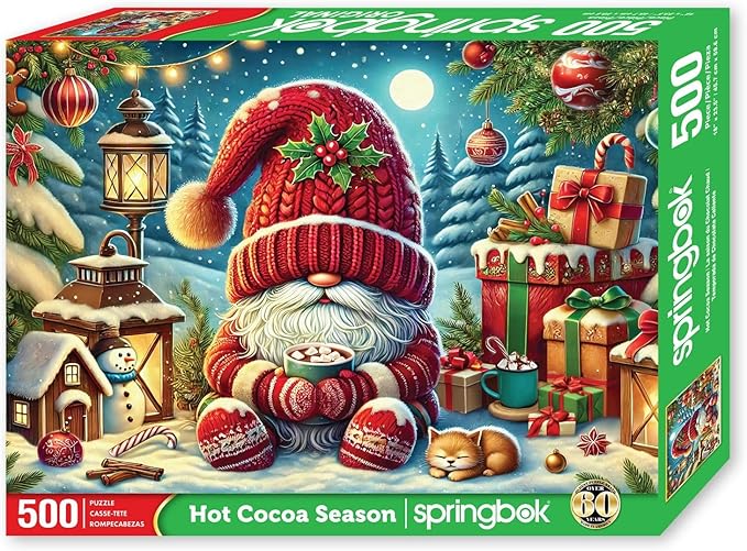 Springbok Hot Cocoa Season 500 Piece Jigsaw Puzzle for Adults - Christmas Gnome - Unique Cut Pieces - Made in USA