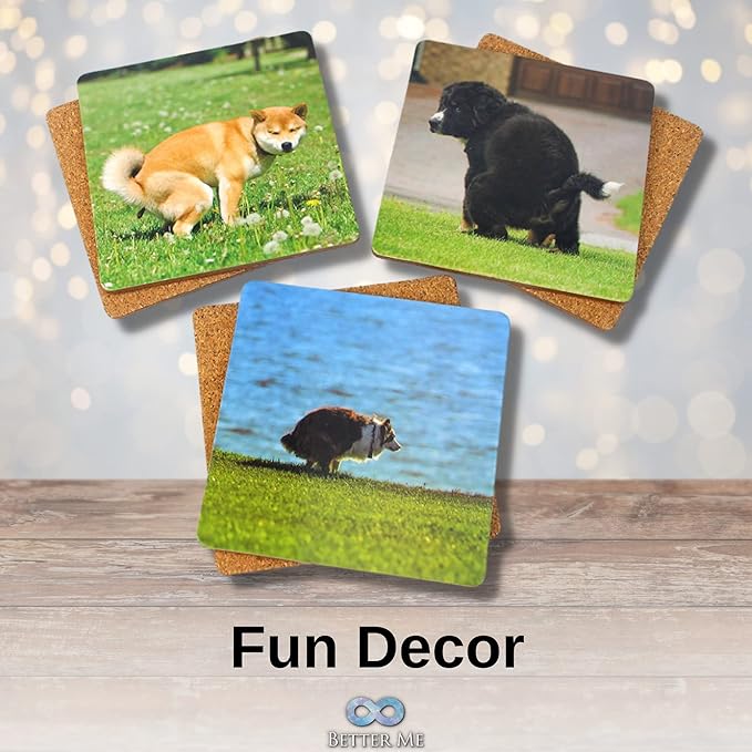 8 Pooping Dogs Funny Coasters for Drinks - Absorbent Cork Base Home Decor Coaster Set for Tabletop Protection, Dog Decor for Dog Lovers, Hilarious Drink Coasters Set Gag