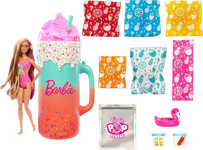Barbie Pop Reveal Doll & Accessories, Rise & Surprise Fruit Series Gift Set with Scented Doll & Squishy Pet, Color Change, Moldable Sand & More, 15+ Surprises