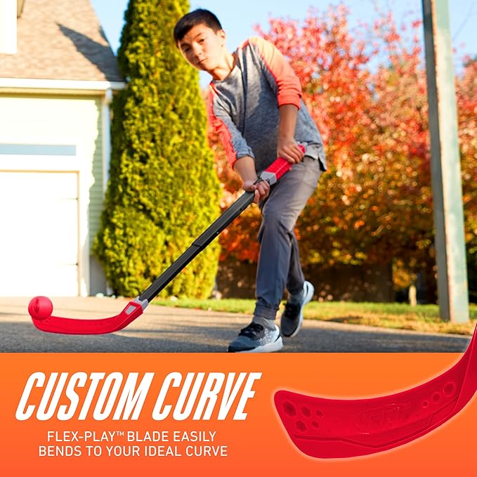 Nerf Flexplay Kids Hockey Stick + Ball Set - Indoor + Outdoor Street Hockey Set - Adjustable Height Stick Balls Included