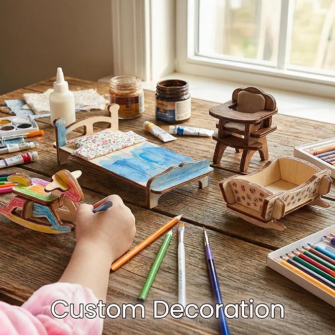 BOHS 34-Piece Dollhouse Furniture Set -1/24 Scale, Laser Cut Wooden 3D Puzzles - Miniature Doll House DIY Models and Accessories