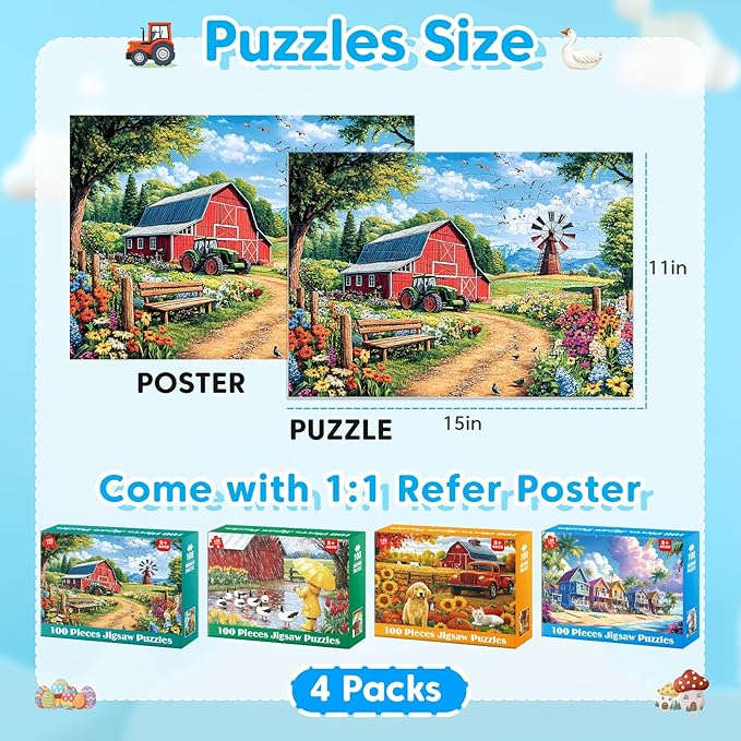 100 Piece Puzzles for Kids Ages 4-6 6-8 8-10, Farms & Beach Resort Jigsaw Puzzles for Seniors 100 Pieces Puzzle for Adults, Educational Learning Toys Gifts for Girls Boys 4-Pack 15"x11"