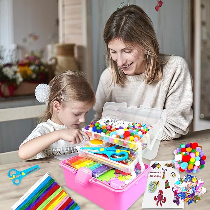 3000 Arts and Crafts Supplies for Kids Craft Kit Craft Box with Pipe Cleaners Arts and Crafts for Kids Age 4-6, 6-8, 8-12 DIY School Supplies Materials Set Toys Gifts for Girls Boys Toddlers, Red