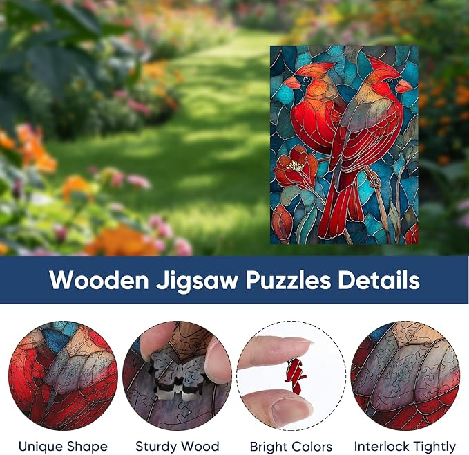 Wooden Puzzles for Adults - Cardinals Stained Glass Unique Shaped Pieces, 500 Pieces Flower Cardinal Bird Art Puzzle, Beautiful Home Wall Decor & Gift for Bird Lovers, Family Game, 11.8 * 15.7in