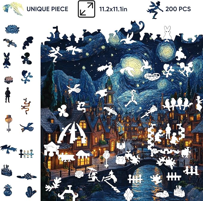 Jiroinlly Wooden Puzzles for Adults 300 Pieces, Starry Sky Town, 5MM Thick Adult Jigsaw Puzzles, Unique Shaped Puzzle for Family and Friends, Home Wall Decor, Exquisite Packaging Gift, 12.1x12.3 in