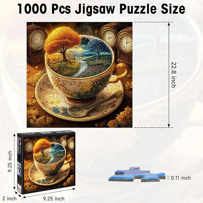 1000 Pieces Jigsaw Puzzles for Adults, Surreal Tea Cup with Vintage Clocks & Autumn Landscape Puzzle with Letters on Back, 22.8×22.8 Inch Hard Difficult Challenging Adult Puzzle for Gift & Home Decor