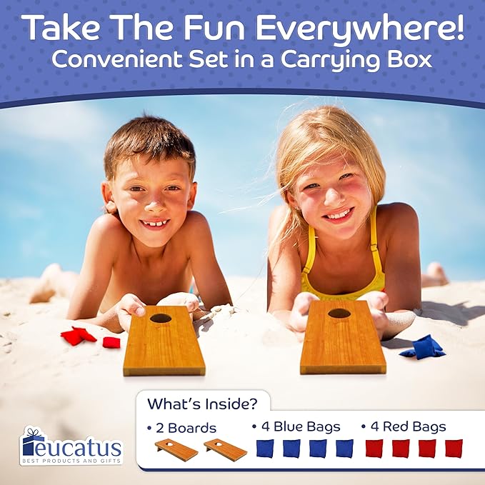 Super Fun MINI Kids Portable Tabletop Cornhole Set. Two 10.5" x 5.25" Boards with 4 Red & 4 Blue Double Lined Bags. Great Slumber Party, Sleepover, or Birthday Party Bag Toss Game for Your Child