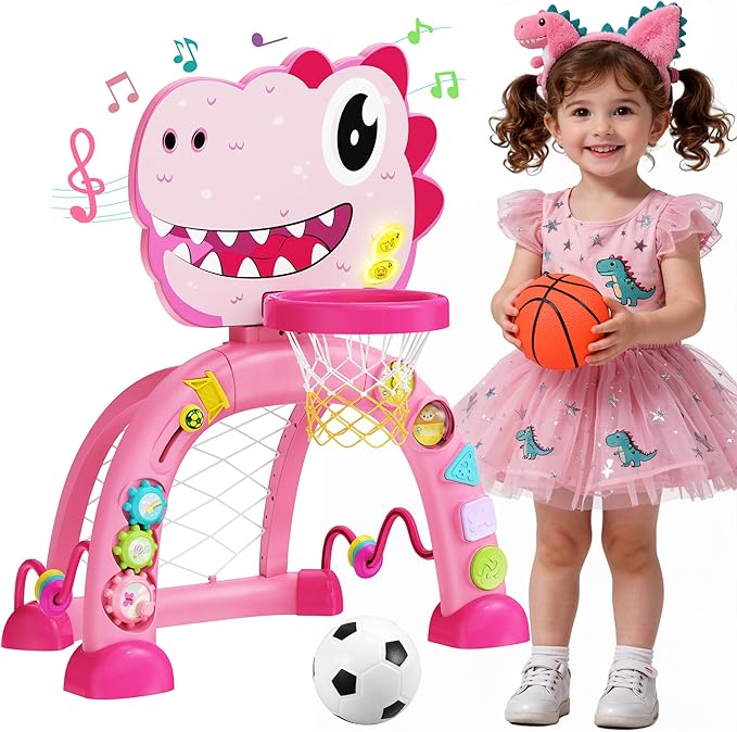 Dinosaur Toddler Basketball Hoop & Soccer Goal Montessori Toys with Sound and Music for Baby 12-18 Months,Twinkoo Christmas Birthday Gift Toys for 1 Year Old Boy and Girl(Pink)