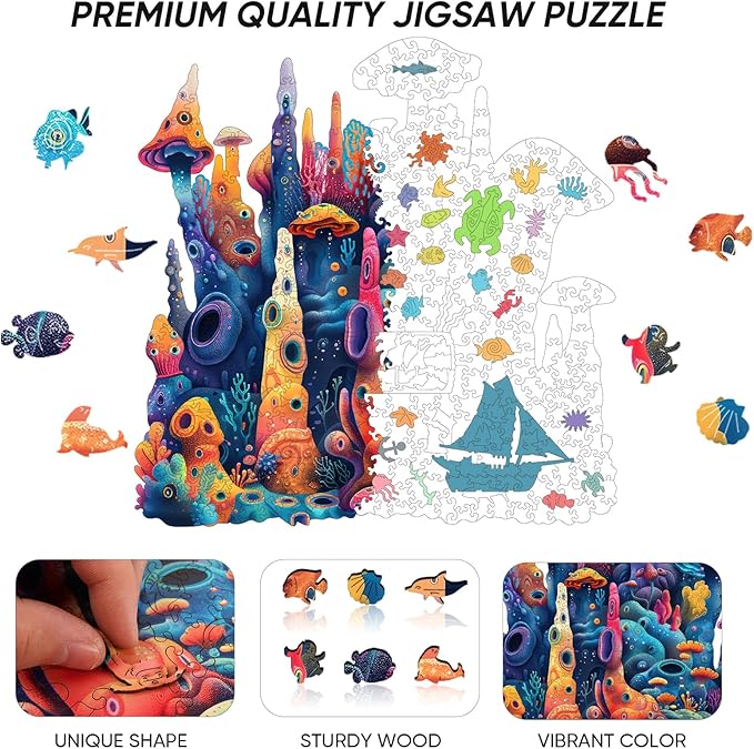 Qiuenisray Wooden Puzzles 500 Pieces, Coral Ocean Jigsaw Puzzles, FSC Certified Wood Puzzle, Wall Decor, Unique Shape Puzzle Piece, Creative Gift for Family Game 16.6x16.9 in